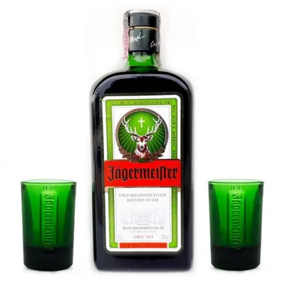 Kit Jaggermeister 700ml con dos vasos chupitos originales