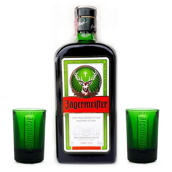 Kit Jaggermeister 700ml con dos vasos chupitos originales