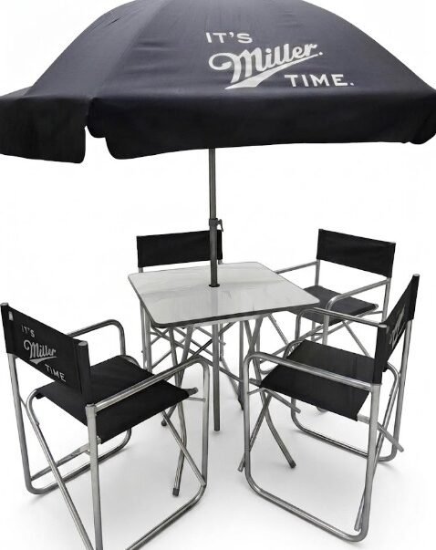 Juego Cerveza Miller (Sombrilla + Mesa Plegable + 4 Sillas)